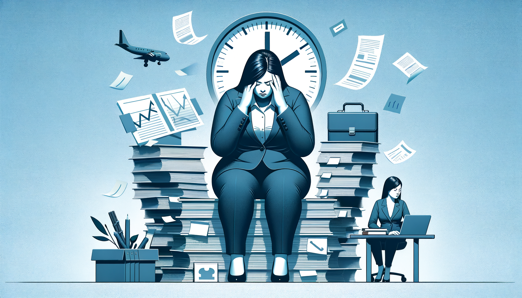 Businesswoman overwhelmed by paperwork, sitting atop piles of documents, with clock background and scattered papers.