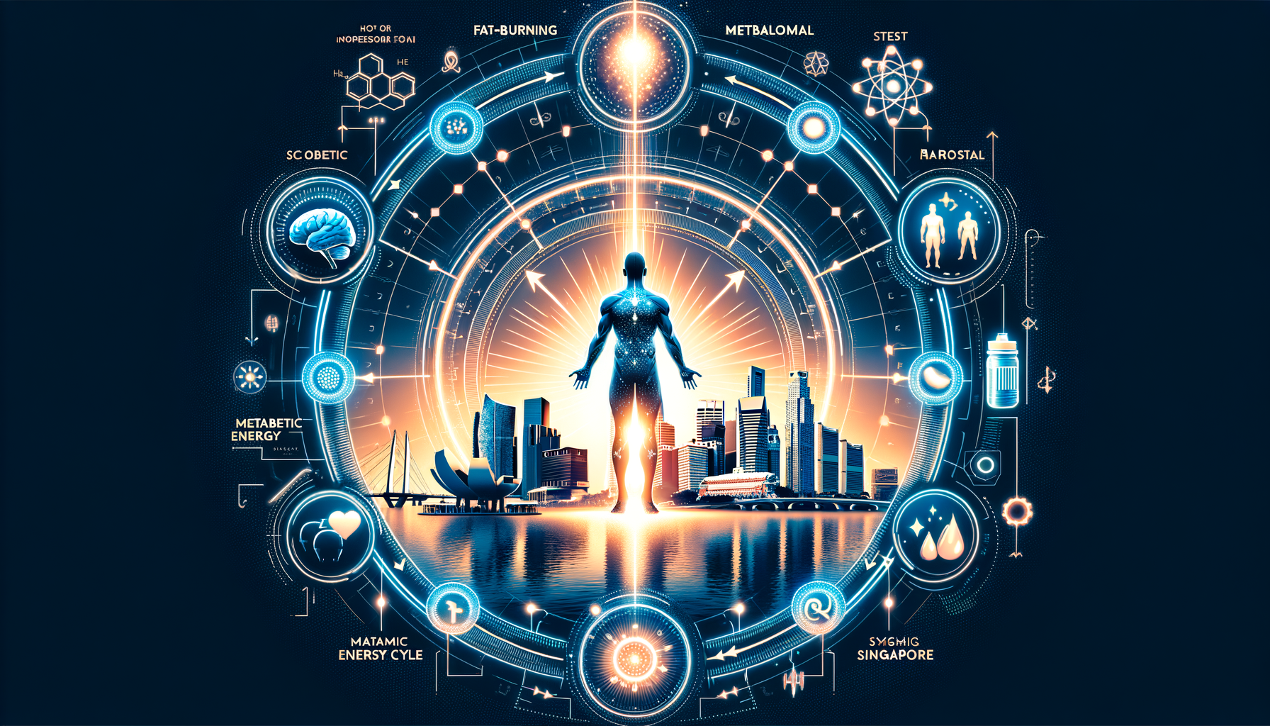 Futuristic human silhouette with glowing energy, surrounded by cityscape and scientific symbols, against a digital background.
