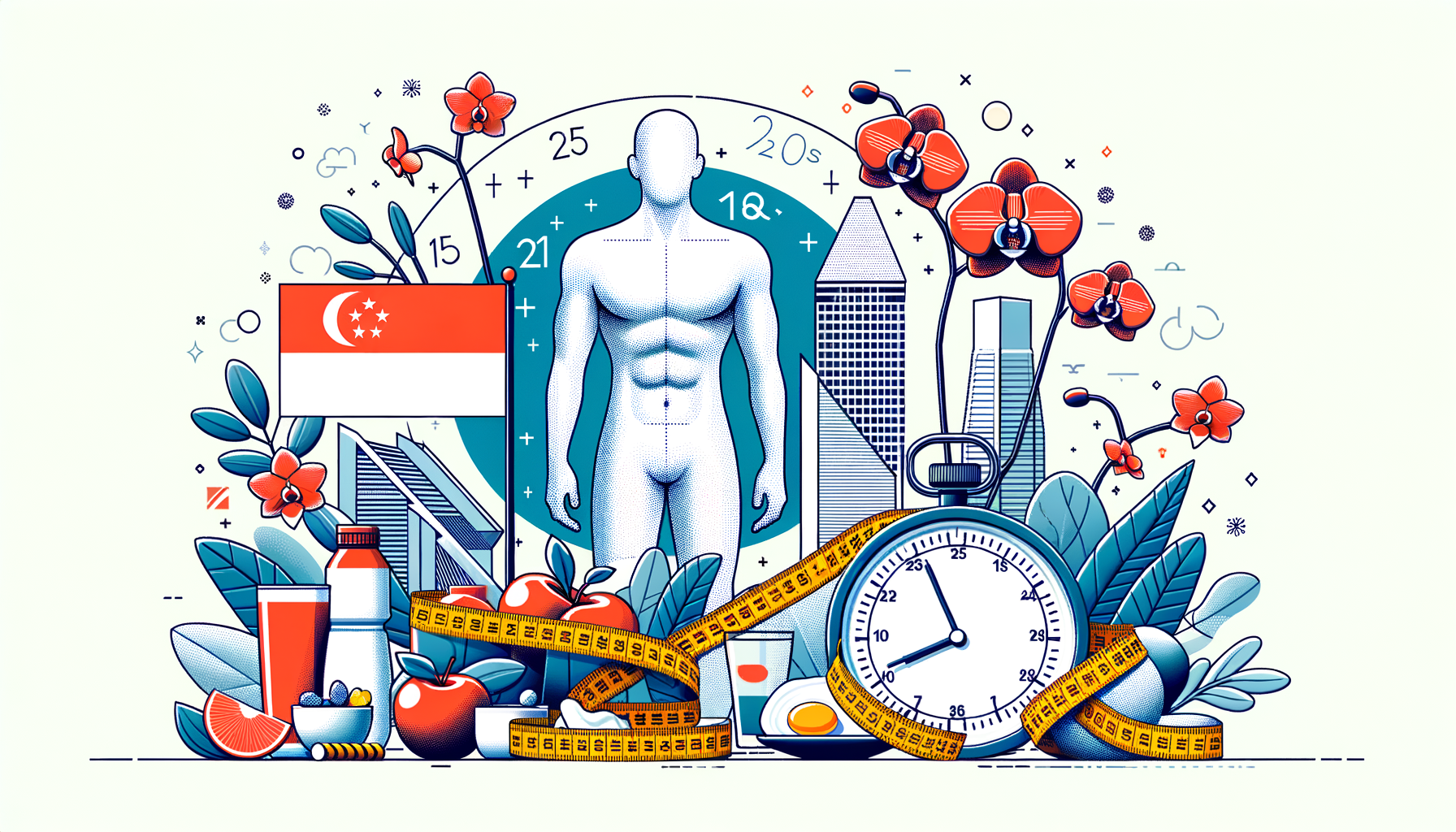 Singapore flag, male figure, skyline, stopwatch, tape measure, fruits, and flowers symbolize health and vitality.